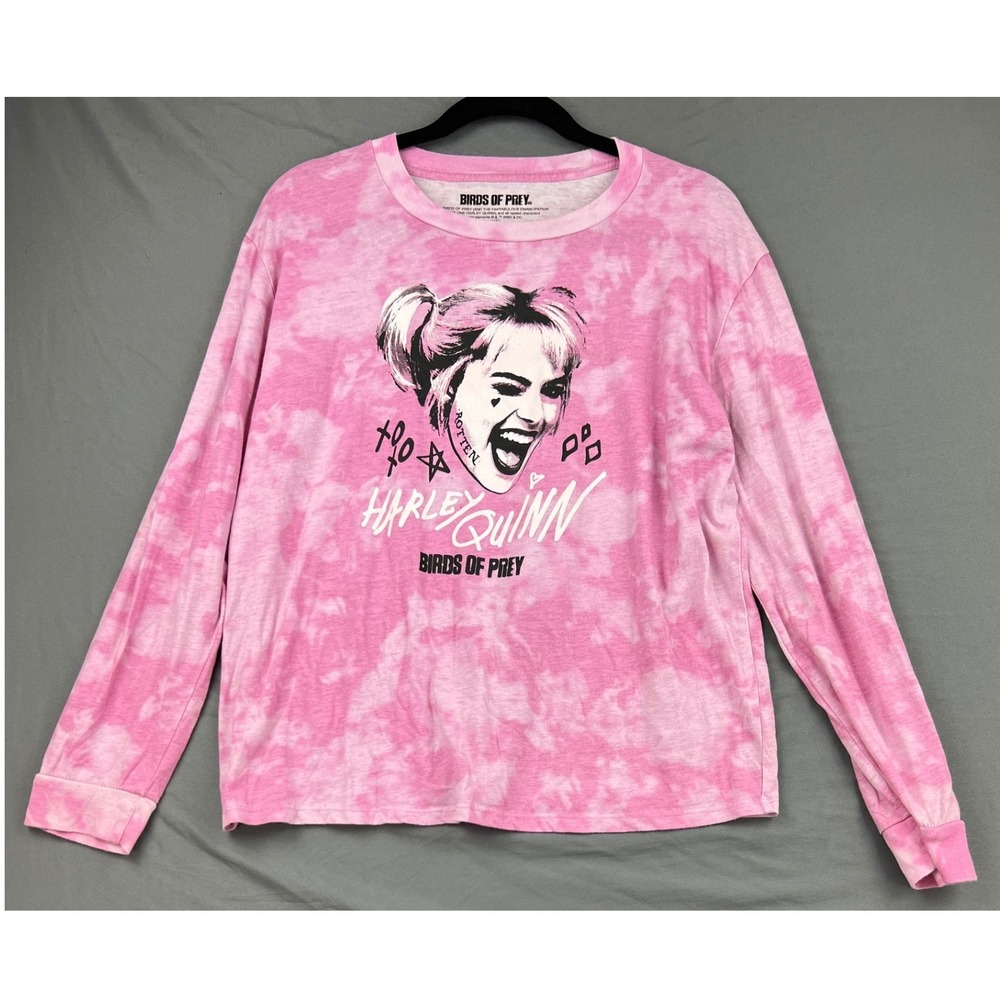 Birds of Prey Harley Quinn Shirt Womens XL Pink Tie Dye Long Sleeve Graphic Tee